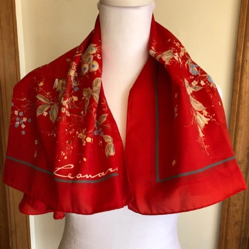 LEONARD Red Floral Square Scarf Vintage